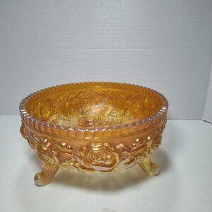 Vintage Marigold Carnival Glass Rose Bowl 3 Footed Iridescent Candy Dish